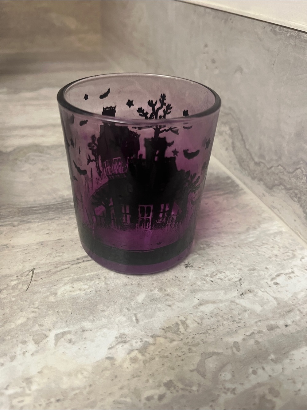 Halloween Haunted House Purple Glass Votive Candle Holder - Picture 1 of 4